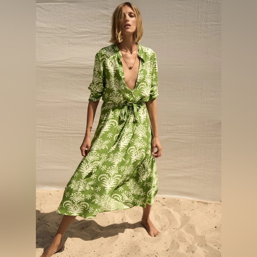 Zara Printed A-Line Midi Dress in Green and White XS NWOT